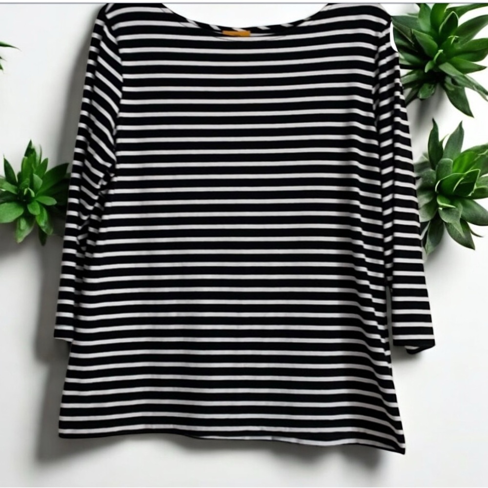 Ruby Rd. Black and White Striped Boatneck Top